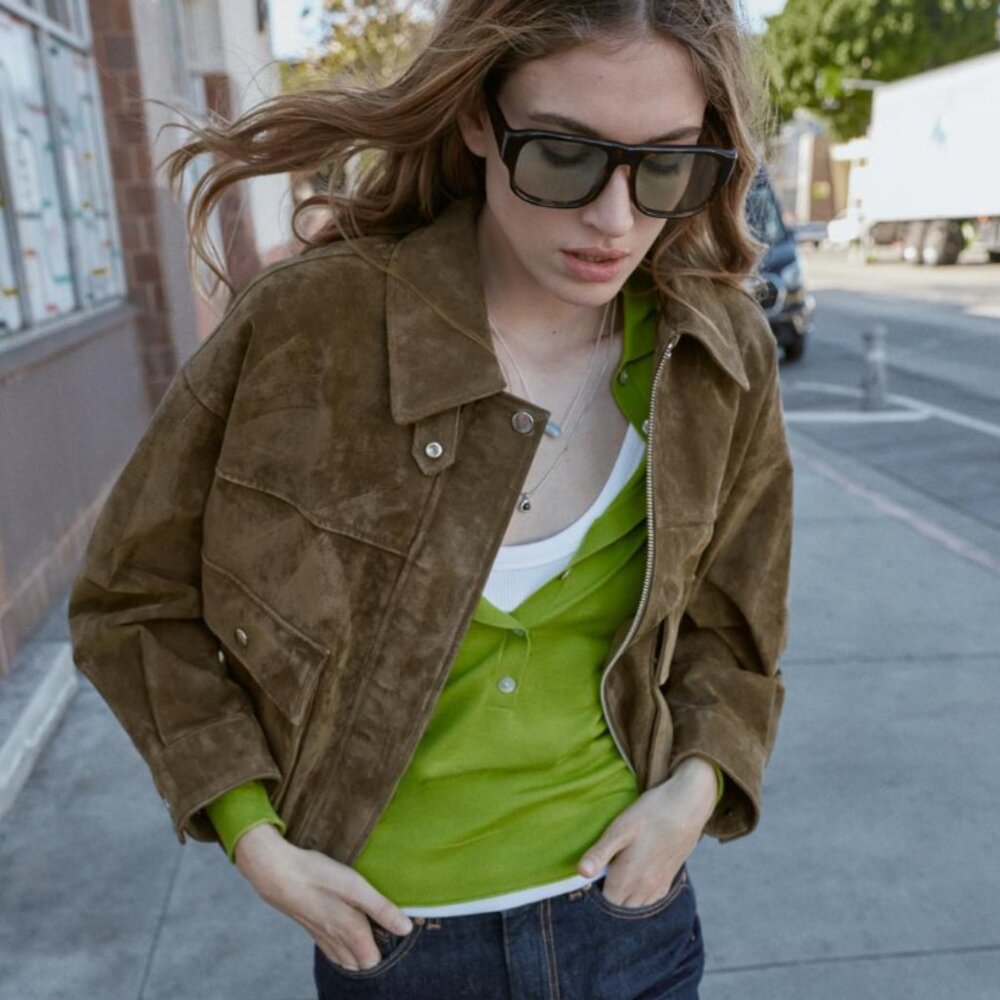 Zara 100% Leather Suede Bomber Jacket Khaki NWT